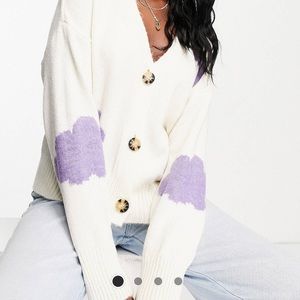 White cardigan sweater with purple clouds